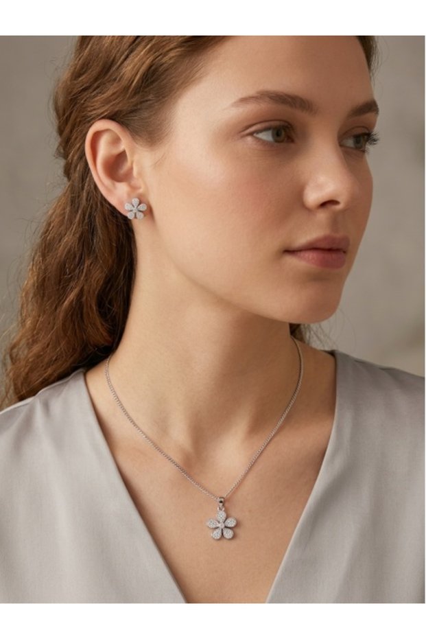 925 Silver Set with Paved Flowers