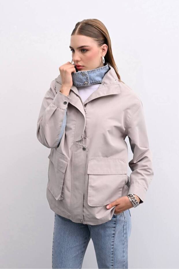 Denim Detailed Trench Jacket Vt-2879