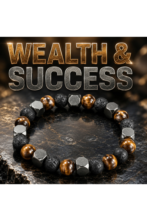 Black Zinc Plated Men Tiger Eye Hematite Lava Rock Bracelet Wealth Success Healing Protection Male L