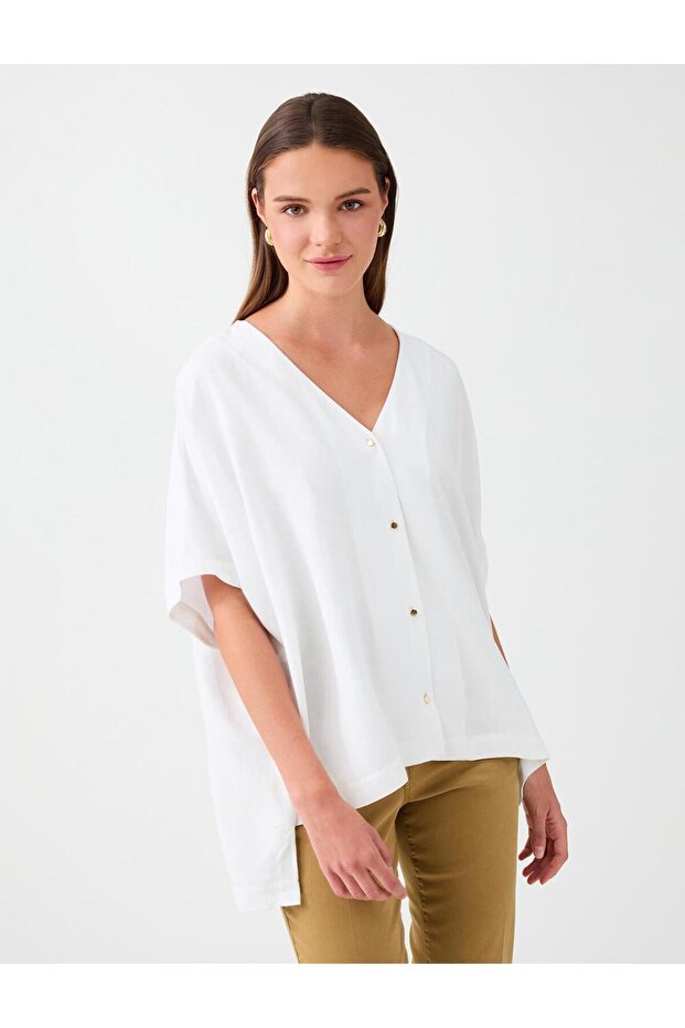 White Relaxed Fit Off-Shoulder Linen Woven Shirt