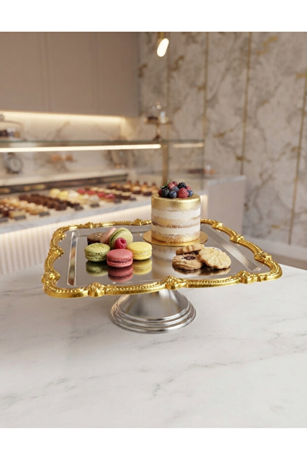 Stainless Steel Square Plastic Gold Framed Cake and Pastry Presentation Serving Stand with 1 Silver Stands