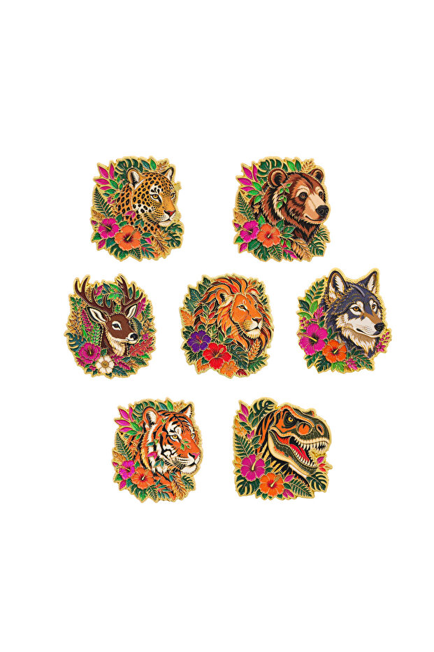 7pcs 7Pcs Jungle Wild Animal Enamel Pins Set Leopard Bear Lion Wolf Tiger Dinosaur Deer Flower Metal