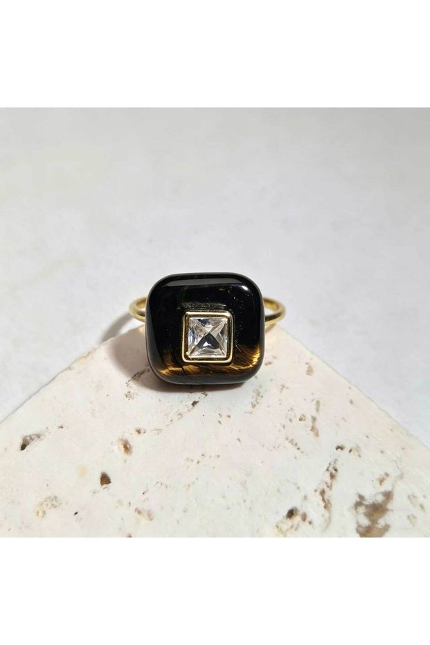 Tiger Eye 1pc Natural Square Stone Ring With Zircon Paved Fine Handmade Ring Crafts Jewelry Accessor