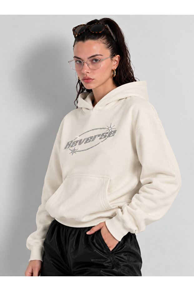 Women's Oversize Hooded Sweatshirt Stone Printed Reverse Hoodie with Kangaroo Pocket