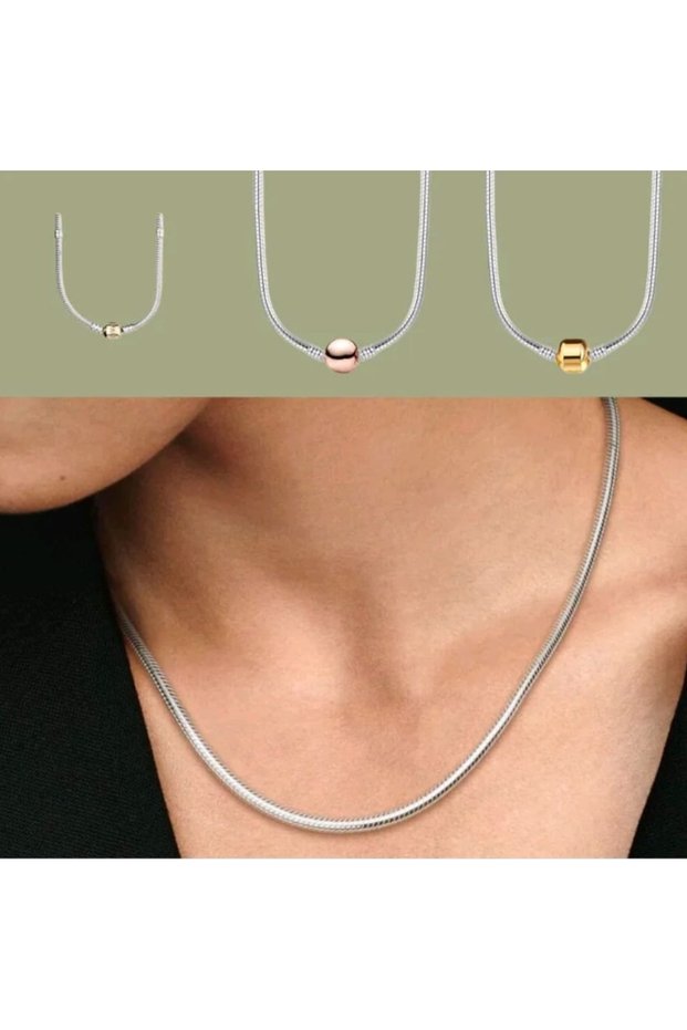 Charm Compatible Snake Chain Necklace – Tarnish-Resistant Steel Bead Charm Attachable Silver Jewelry