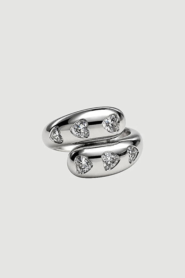Fish Figured Heart Stone Detailed Ring - Silver