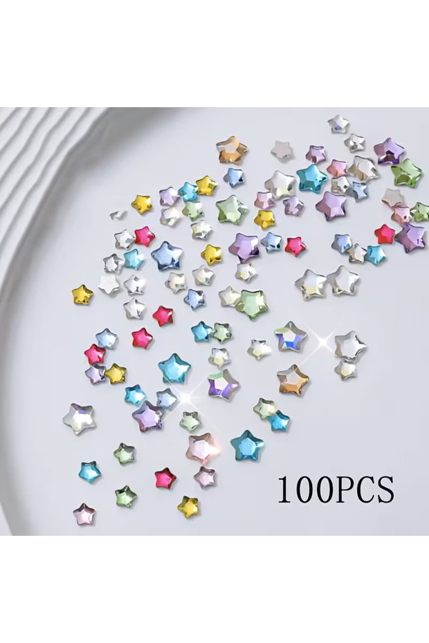 100pcs 100 Pieces of 3D Colorful Star Flat-Bottom Nail Art Accessories, with Mixed Sizes of Nail Dec