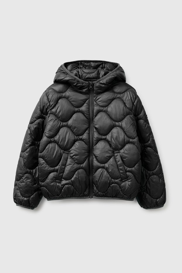 Girl's black puffer jacket with hood and pockets