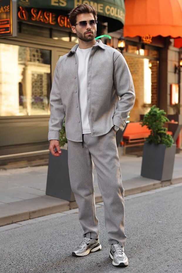 Gray Buttoned Men's Shirt and Trousers Two-Piece Set E7377