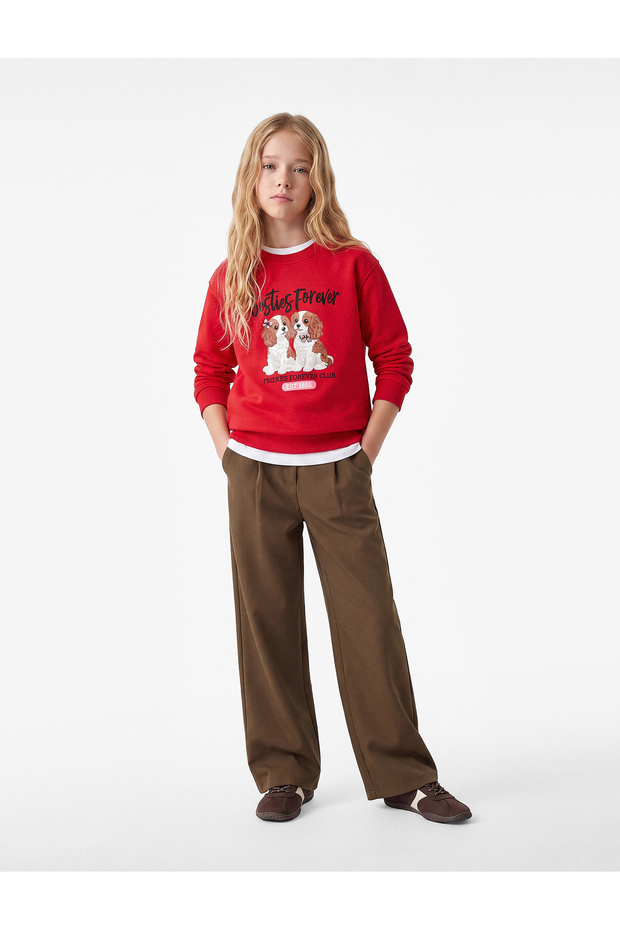 Dog Printed Long Sleeve Crew Neck Three Thread Ribbed Sweatshirt