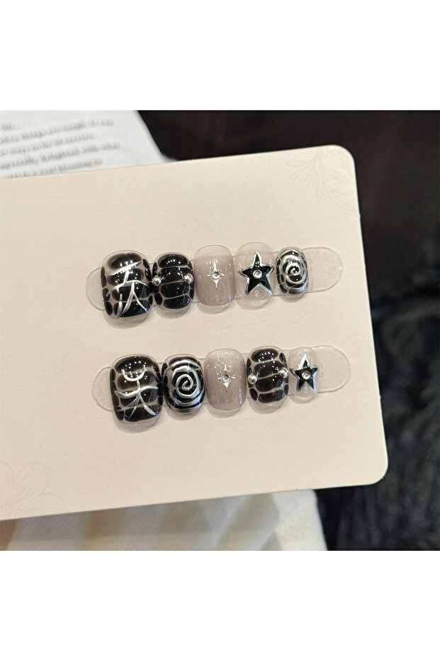 L 10pcs Short Handmade Sweet Punk Style Press on Nails Hand-Painted Embossed Stars Fake Nails Decor