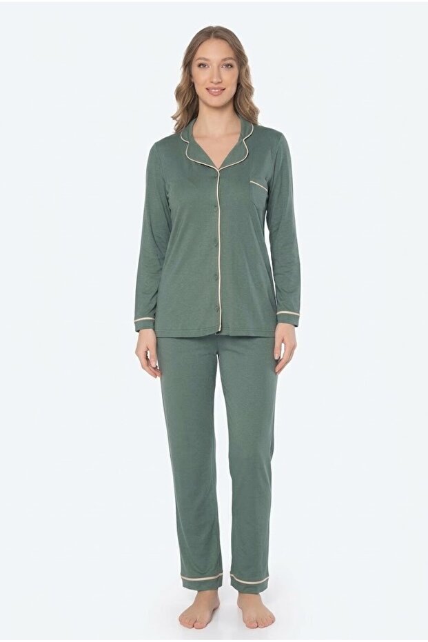 Women's green 100% cotton jersey pajama set, women's pajama set with buttoned hem