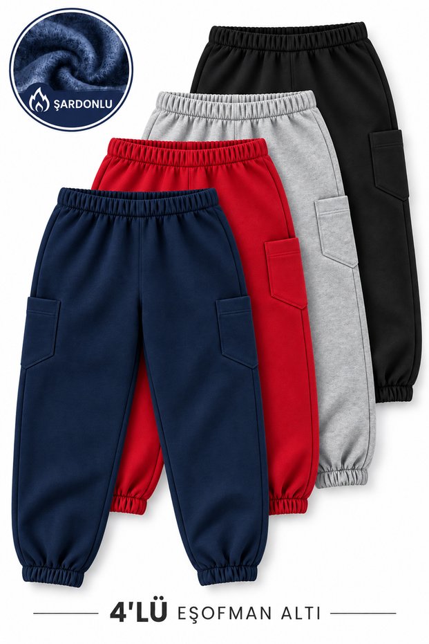 Unisex 4-Pack Red-Black-Grey-Navy Blue Children's Sweatpants with Elastic Waist and Cuffs with Ribbon Inside