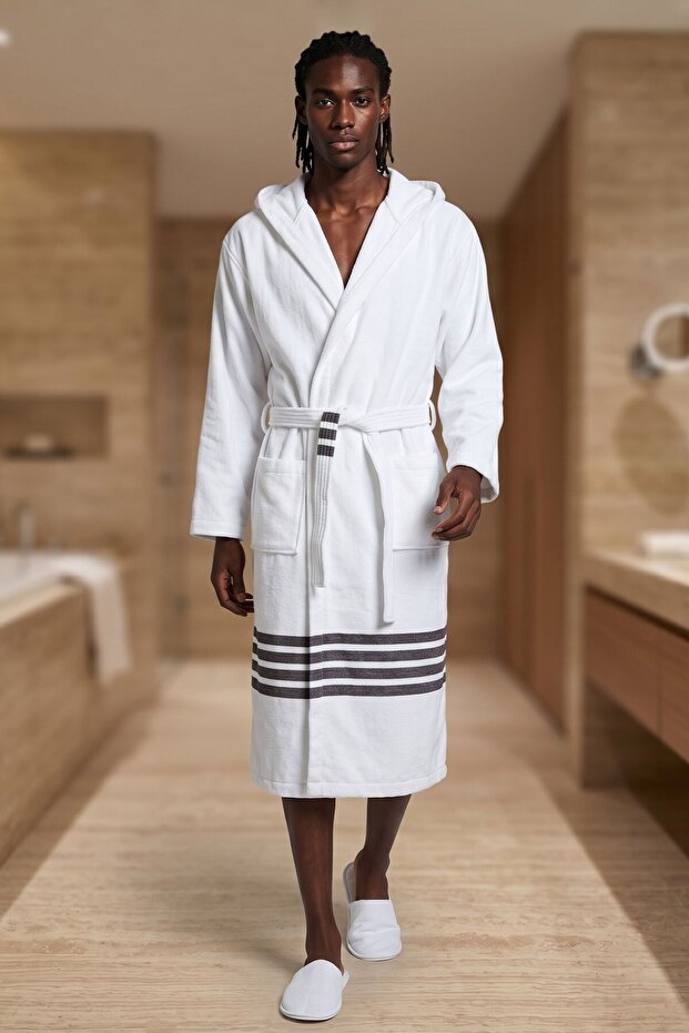 Export Surplus Heavy Weight Hooded Black Striped Adult Bathrobe – White