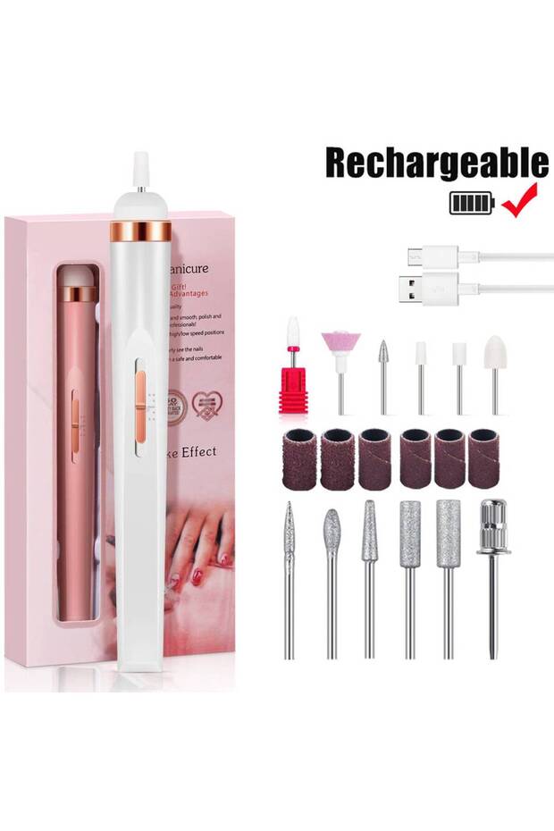 USB Type-C White-Set 5 In 1 Electric Nail Polish Drill Machine USB Charge Portable with LED
