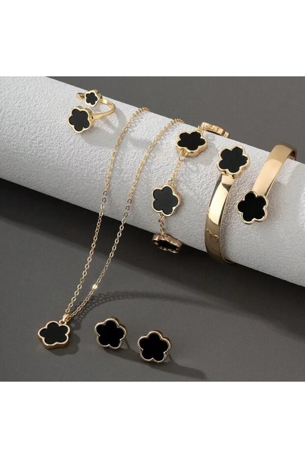 black Shiny Lucky Flower Jewelry Set, Acrylic Bangle Bracelet Clover Necklace Ring Earrings 5Pcs Orn