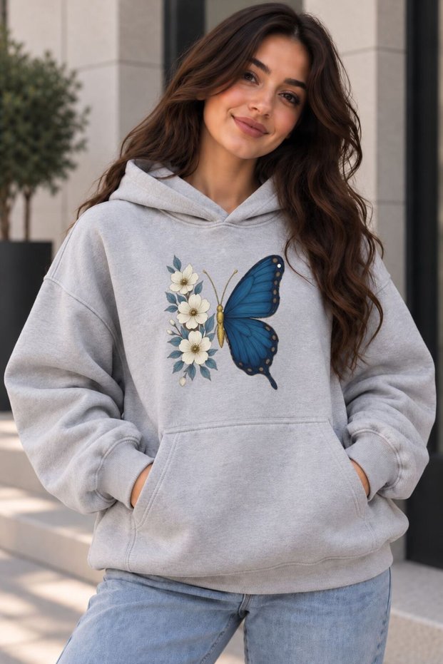 Women's Oversize Butterfly and Floral Printed Hooded Sweatshirt with Kangaroo Pocket, Comfortable Fit, Casual Hoodie