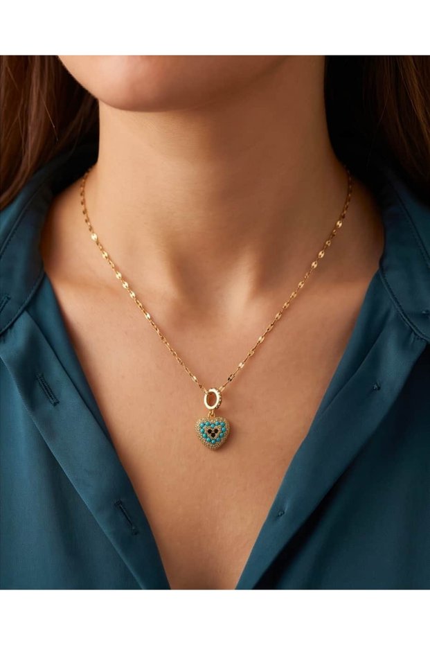 Heart Steel Necklace with Matte Turquoise Stone and Evil Eye Motif