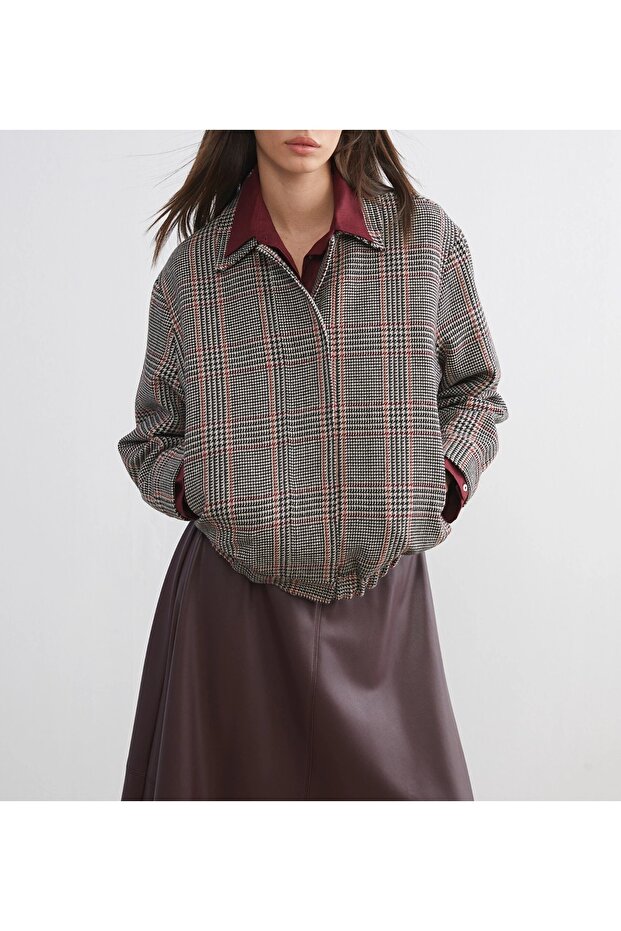 Plaid Pattern Shirt Collar Women's Cashmere Jacket