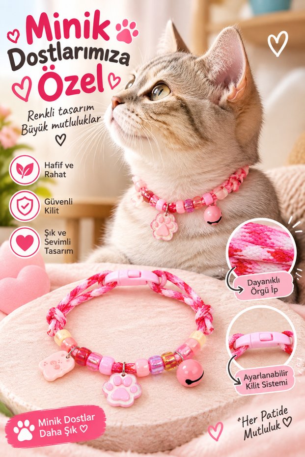 Cat and Small Breed Dog Collar – Adjustable – Beaded – Figured – with Bell – Colorful Collar