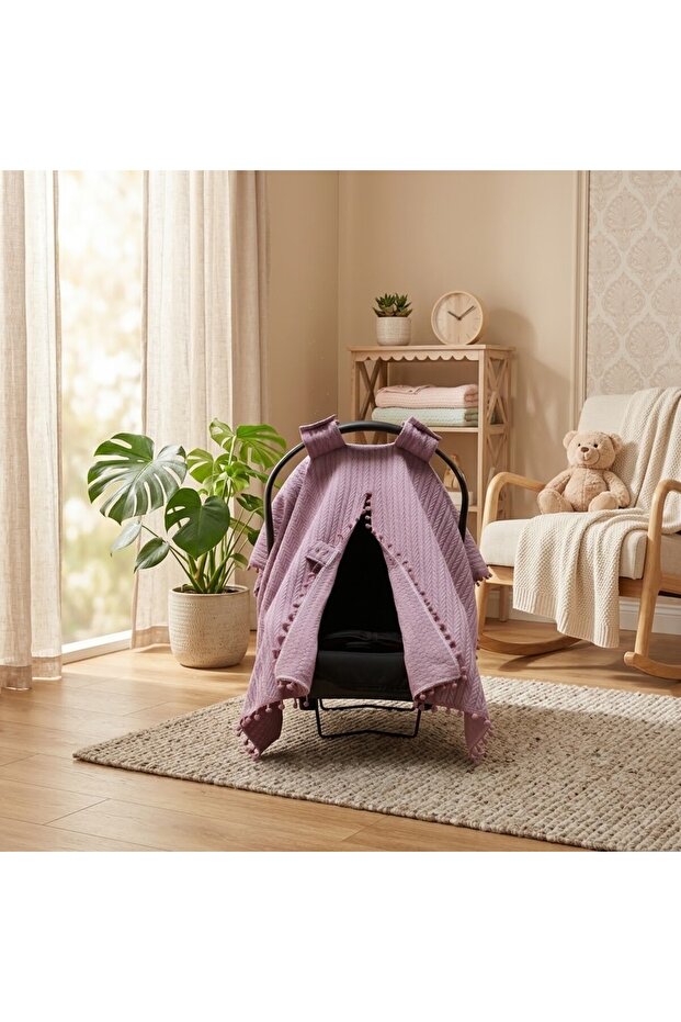 100% Cotton Purple Knitted Patterned Pique Fabric Stroller Cover with Snap Fasteners and Pom-Pom Detail