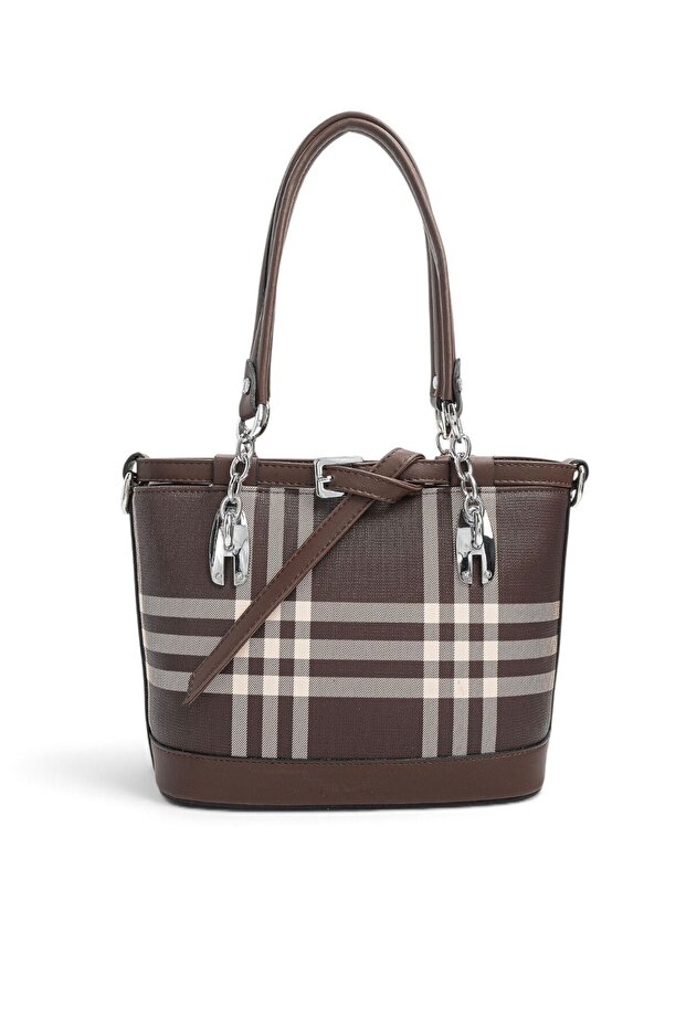 Coffee - Brown Striped Plaid Women's Handbag Sp1155