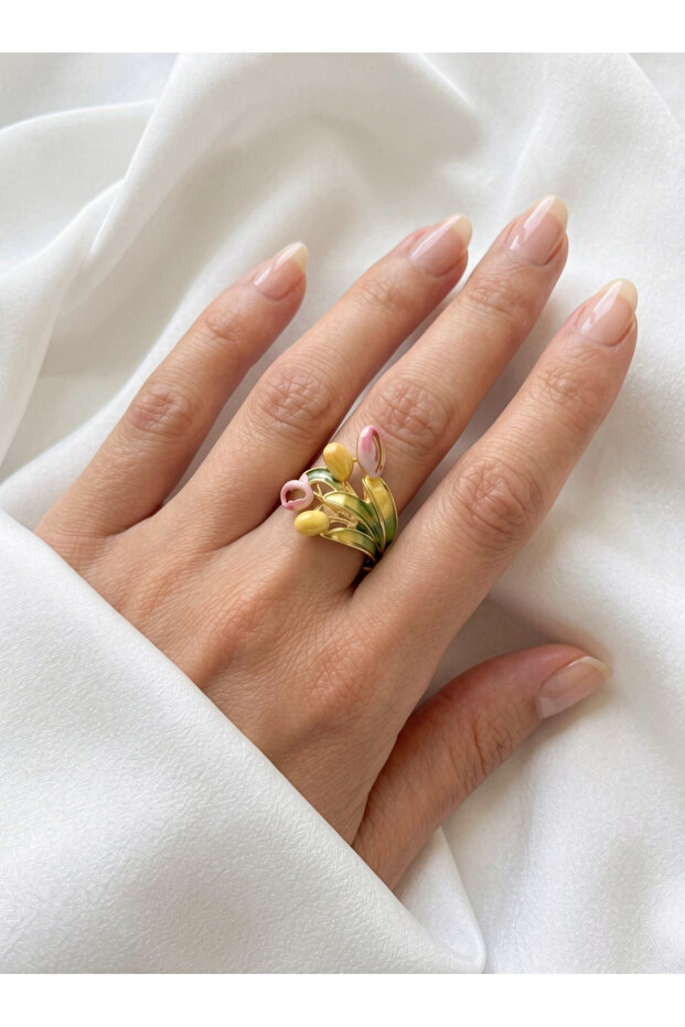 Adjustable Pinterest Ring with Green Enamel Leaves and Yellow and Pink Enamel Tulip Buds