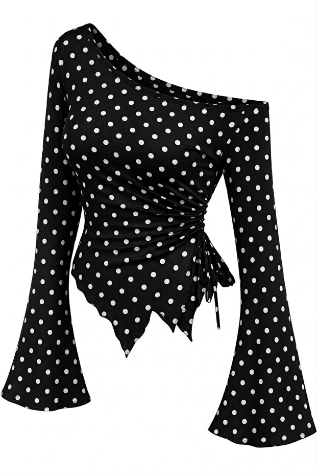 Polka Dot Long Sleeve Asymmetric Collar Draped Side Tie Spring Autumn Blouse Top