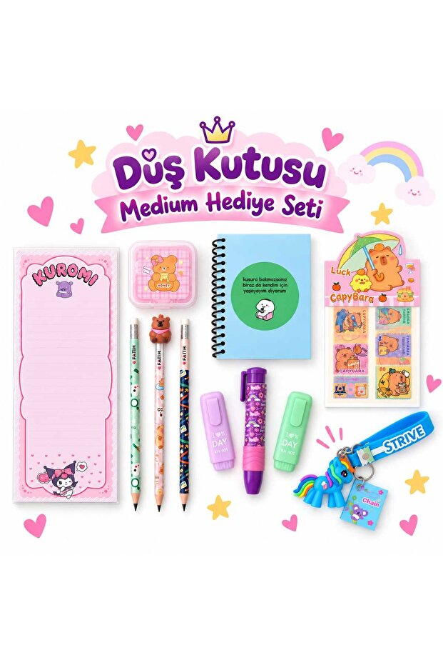 Düş Kutusu Medium Kırtasiye Hediye Seti - Capybara Sticker ve Hello Kitty Not Defterli Okul Ve Doğum Günü Hediyesi