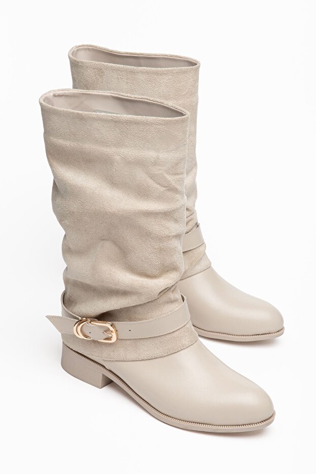 Berry Women's Beige Shiny Leather - Suede Drawstring Short Boots