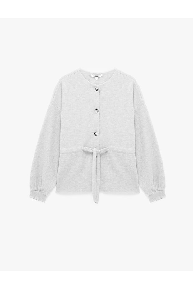 Drawstring Tie Buttoned Crew Neck Long Sleeve Cardigan