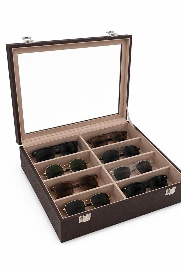 Glasses Box with 8 Compartments, Brown Croco – with Cream Inner Chamber and Glass Lid