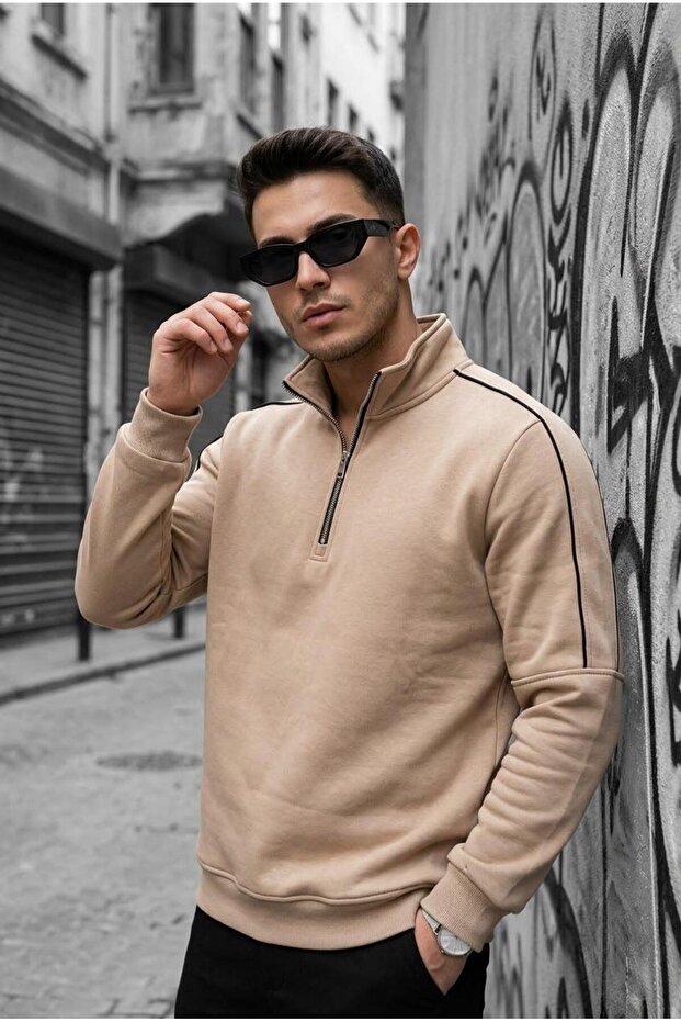 Nory Three Yarn Cotton Men's Half Zipper Stripe Detailed Stand Collar Slim Fit Sweatshirt