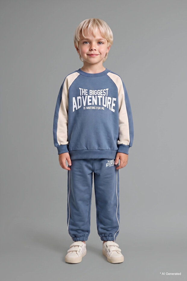I0274A5Be739 Blue 100% Cotton Printed Sweatshirt Top Elastic Waist Bottom 2-Piece Set Baby Boy
