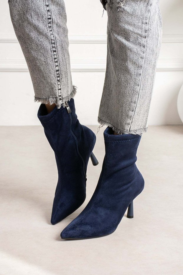 Marya Women's Navy Blue Stretch Luxury Suede Pointed Toe Warm Lined Zippered 7 cm Thin Heeled Boots Booti
