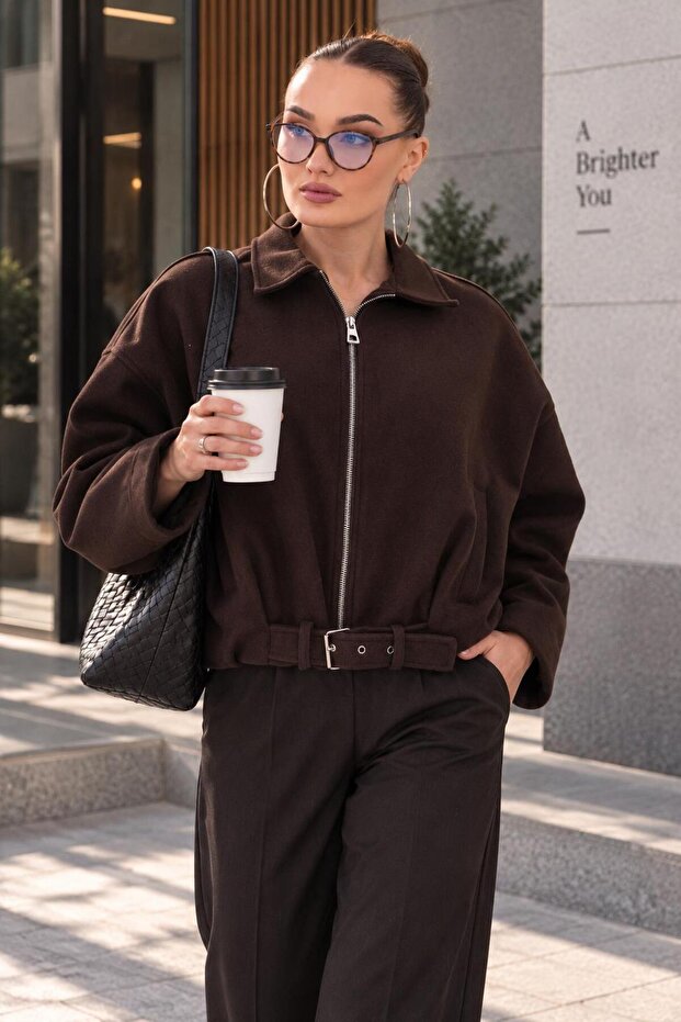 Women's Zipper Closure Belt Detailed Short Cashmere Coat 265295 -