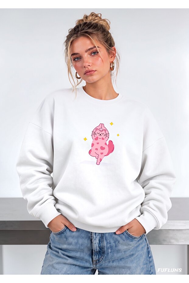 Hearted Cat Printed Oversized Women's Crewneck Sweatshirt