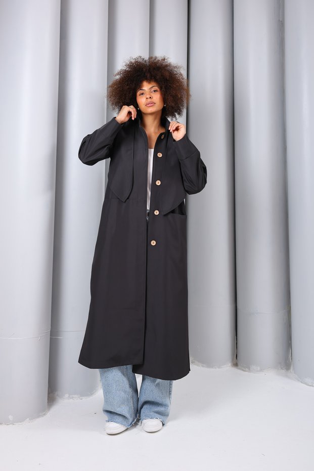Women's Long Buttoned Trench Coat Oversize Fit with Stand Collar and Pockets Seasonal