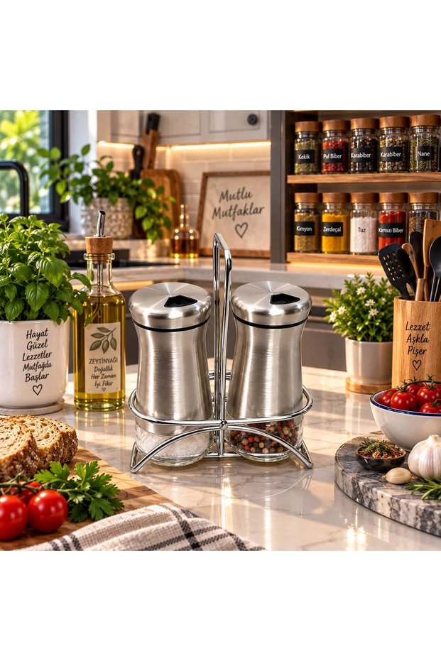 Double Salt and Pepper Shaker Set 13 cm 18/10 304 Stainless Steel Glass Spice Container with Stand