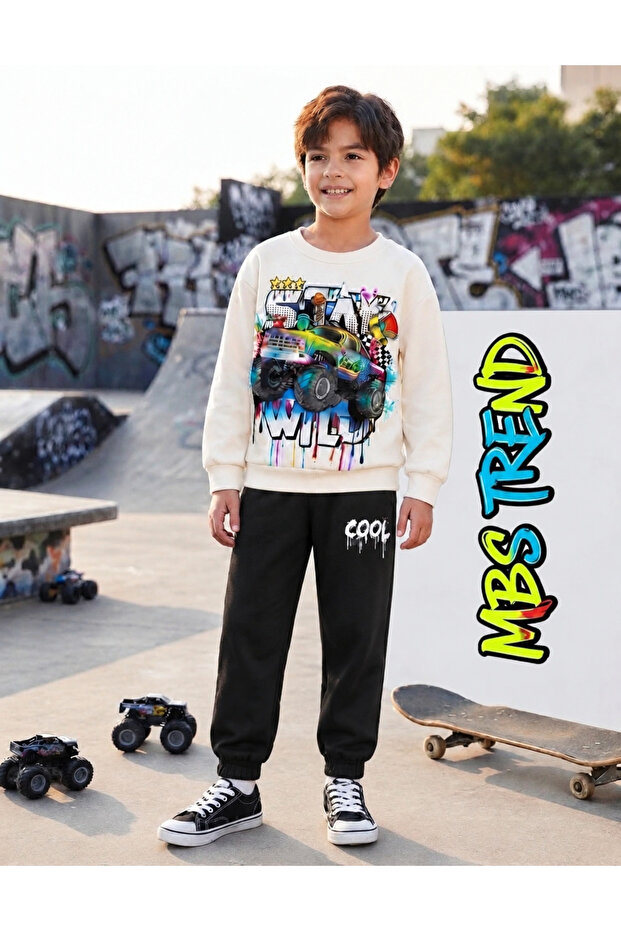 Winter Boys' Monster Truck Printed White Sweatshirt and Black Sweatpants Two-Piece Set