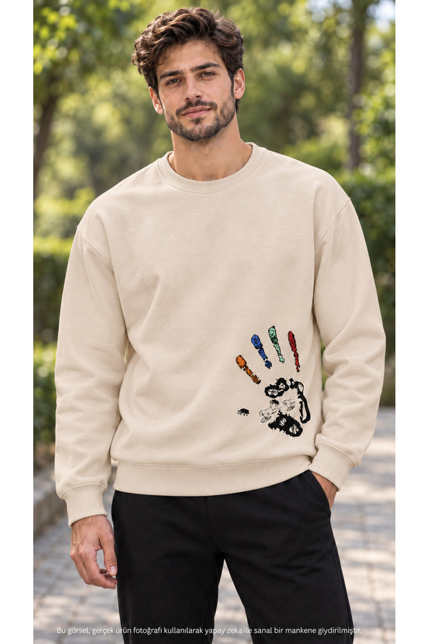 Men's Colorful Finger and Handprint Printed Crew Neck Casual Regular Fit Sweatshirt