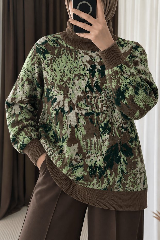Batik Patterned Full-Length Knitwear Sweater - Brown & Green