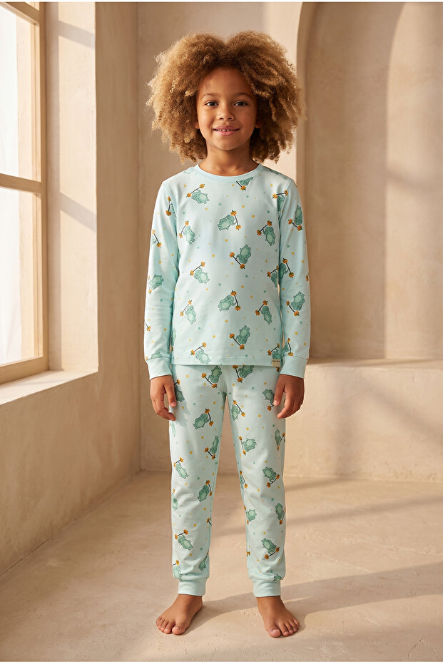 Children's Elephant Patterned Packaged Pajama Set Green