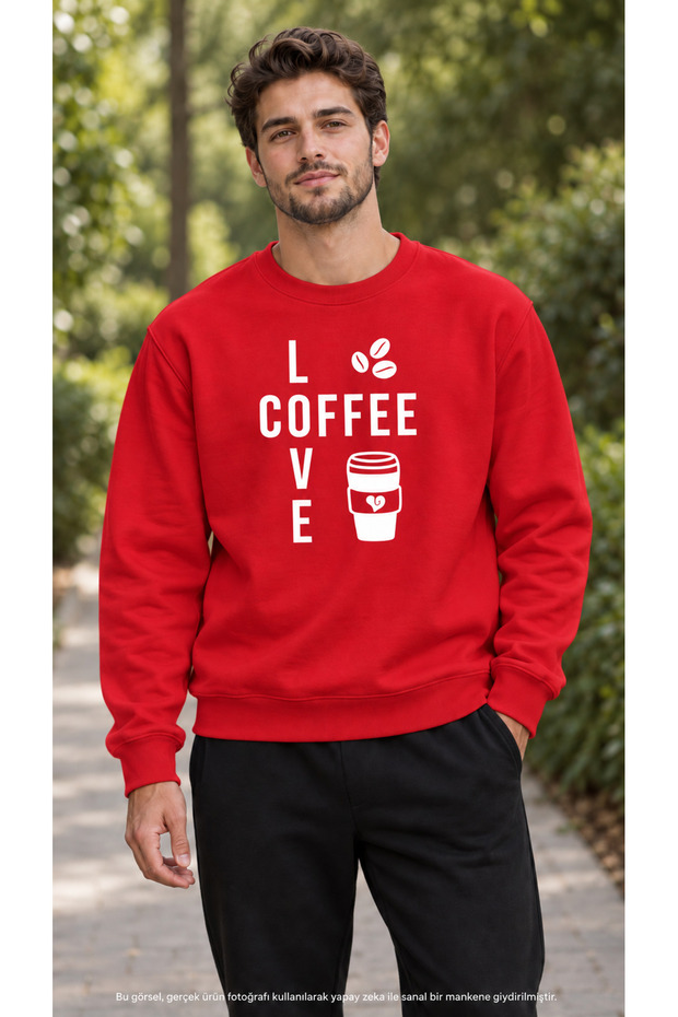 Men's Coffee Beans and Cups Illustration Printed Crew Neck Casual Regular Fit Sweatshirt