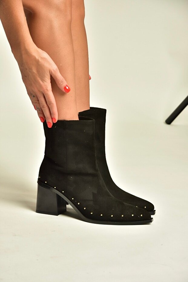 Z308400102 Black Suede Thick Heeled Women's Boots