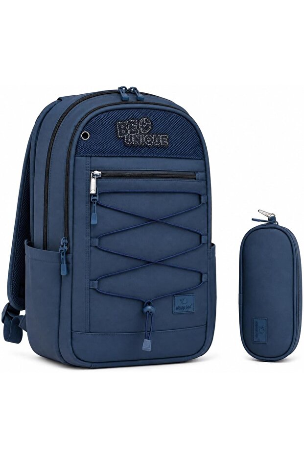 School Backpack Set for Boys & Girls, 2 Piece Multi Pocket Backpack with Pencil Case, Student Book Bag, Travel Daypack, Casual School & Everyday Backpack - Navy Blue