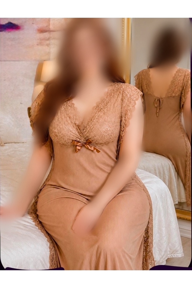 Cotton Lycra Long Sleeve Lace Detailed Nightgown Home Wear - Beige