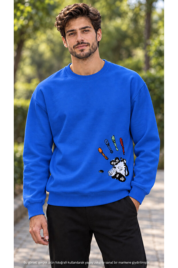 Men's Colorful Finger and Handprint Printed Crew Neck Casual Regular Fit Sweatshirt
