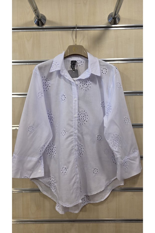 Women's Scallop Shirt with Capri Sleeves and Embroidery Detail, 100% Cotton