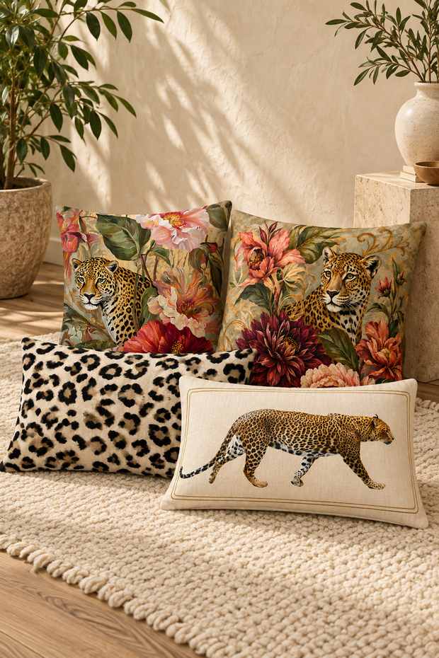 Aura Leopard and Floral Patterned Decorative Throw Pillow Covers Set of 4 – 2 Square, 2 Rectangular (Double-Sided)